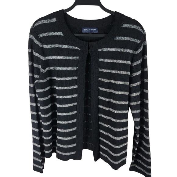 Jones New York Signature Cardigan Womens Large Black Silver Metallic Stripes - Picture 1 of 16